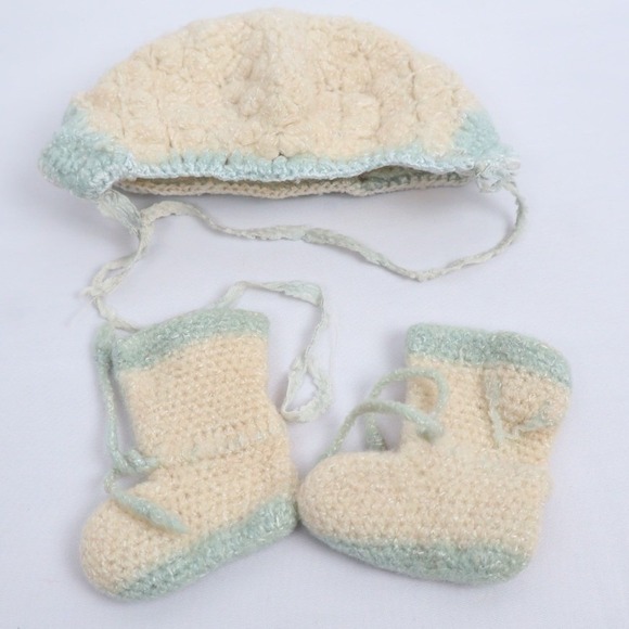 VTG Handmade Crochet Infant Baby Set Sweater Bonnet Booties Cream Blue - Picture 7 of 10